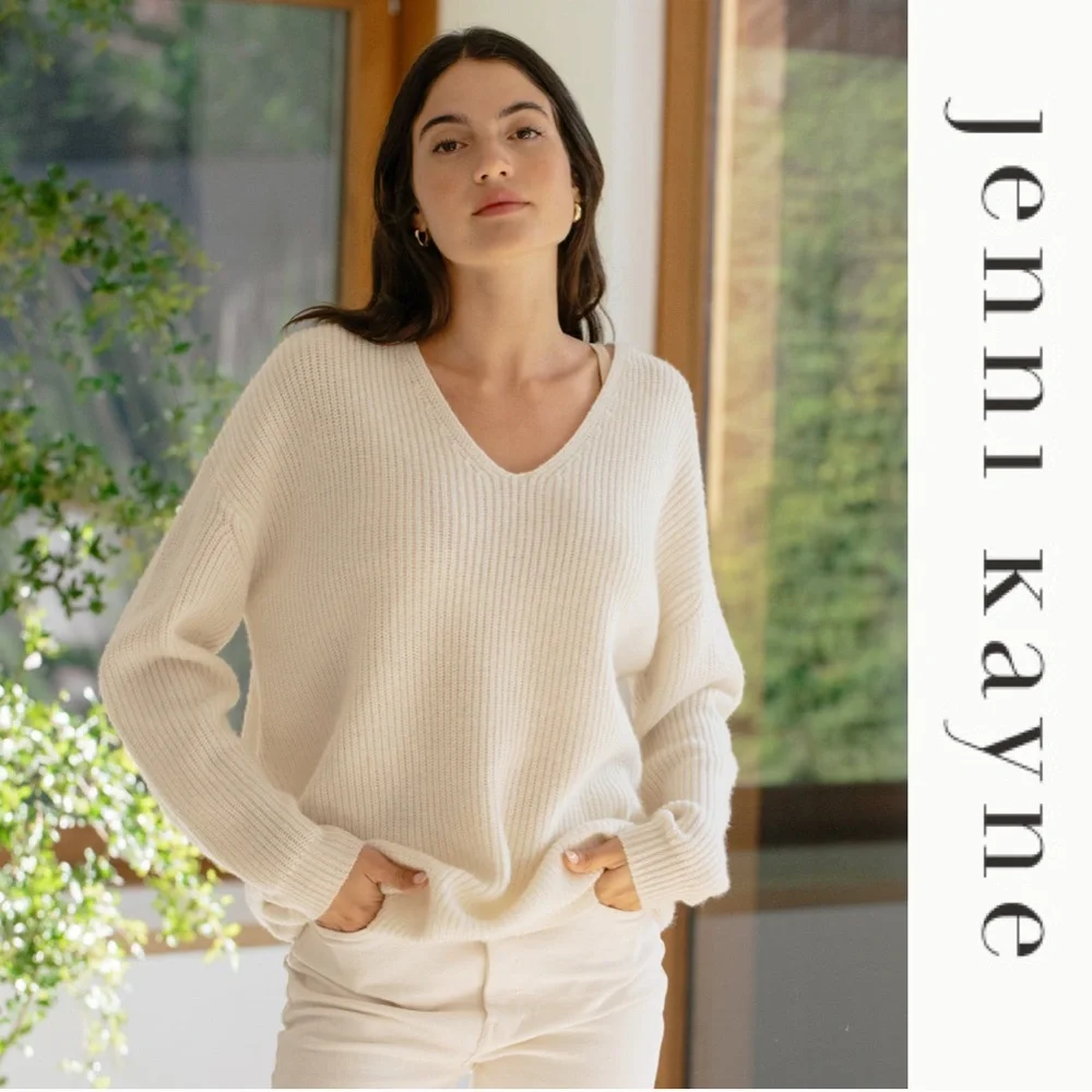 $345‼️JENNI KAYNE Cashmere Wool Pullover Cabin Sweater Ivory Oversized Ribbed XL